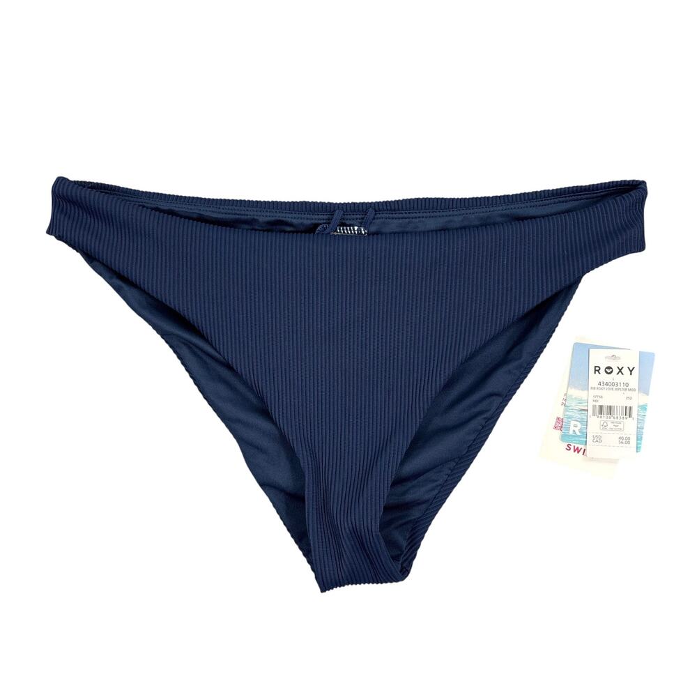 Roxy Love Hipster Bikini Bottom L Navy Ribbed High Leg NWT Coastal